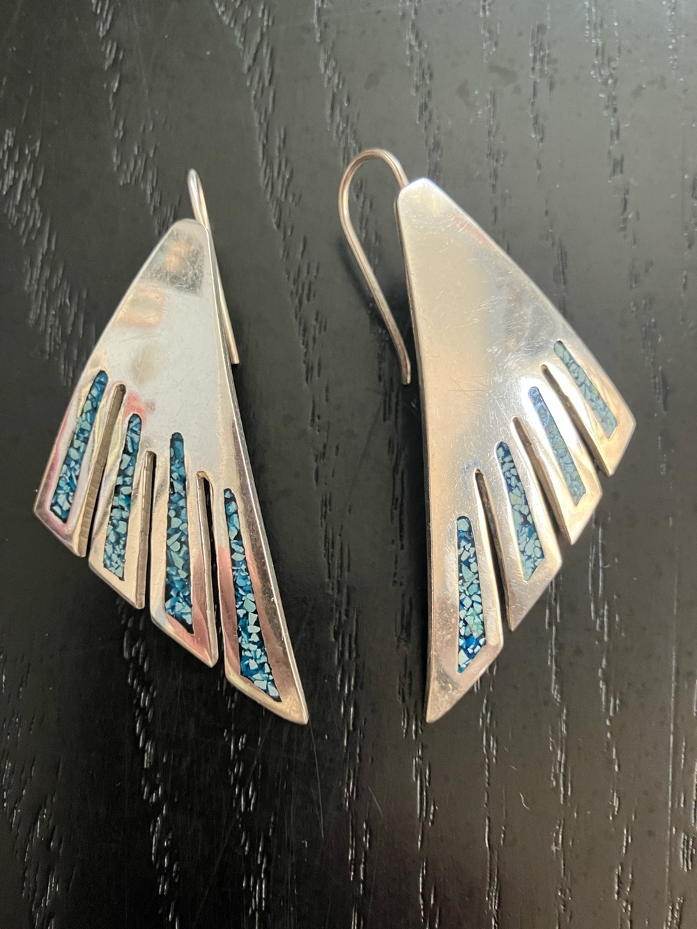 Silver-Tone Blue Inlay Wing Drop Earrings